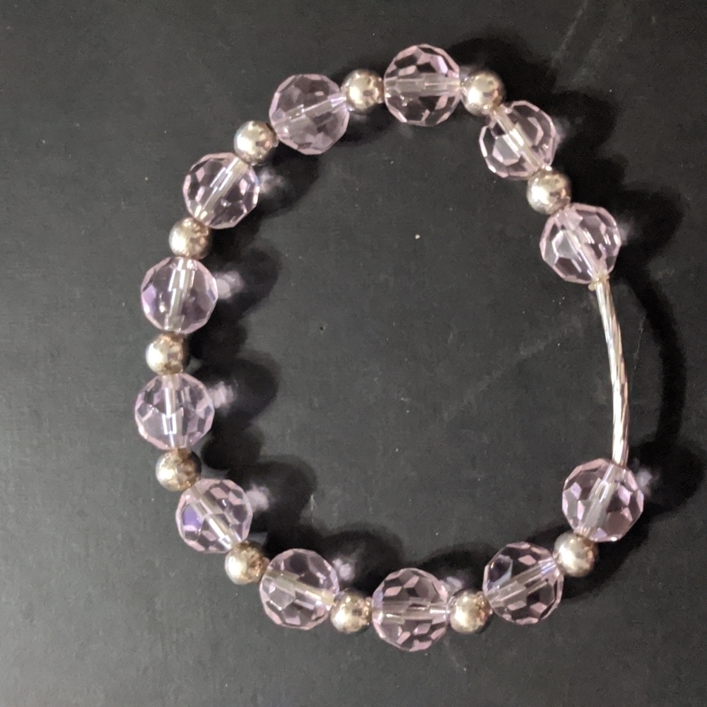 Silver Tone Pink Faceted Crystal Bead Stretchy Elastic Statement Bracelet